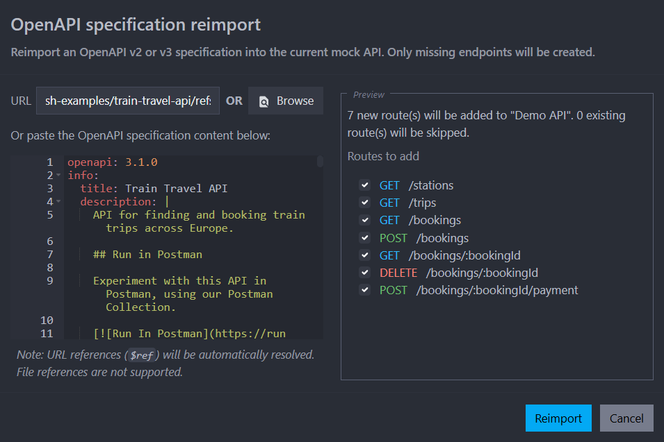 OpenAPI reimport summary dialog