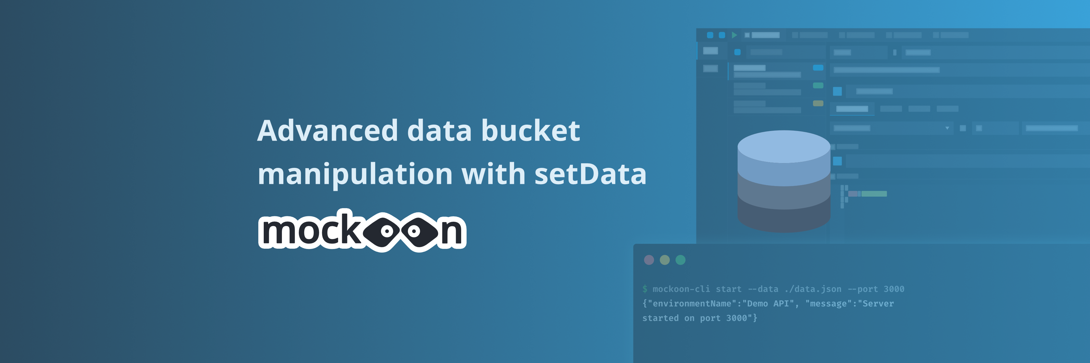 mockoon logo next to a data bucket icon