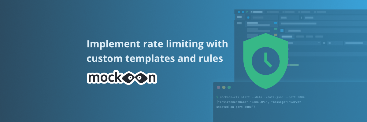 mockoon logo next to a clock and shield icon